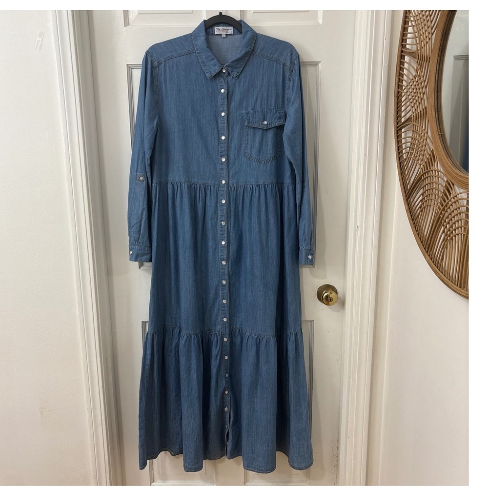 The Hanger Denim Maxi Dress M Boho Tiered Pearl Snap Up Western Teacher Modest